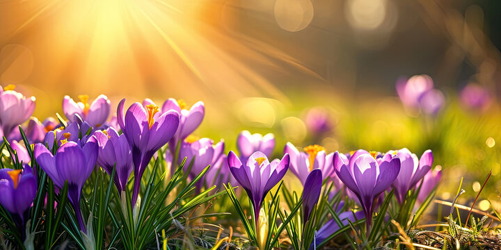 Blooming purple crocus flowers on sunrise