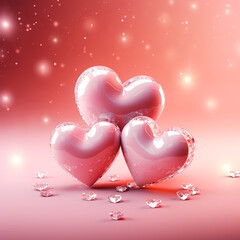 Pink hearts on pink background with sparkles