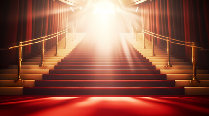 Red carpet staircase with smoke and spotlights, holiday awards ceremony event