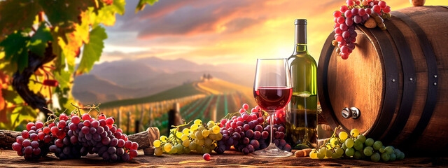 Fototapeta na wymiar Barrel and wine in the vineyard. Selective focus.