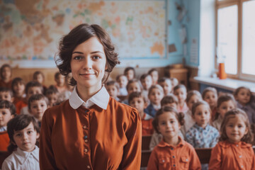 Fototapeta premium Smiling female teacher looking at camera in class, students studying, Teachers' Day, Children's Day, primary school students, middle school students,rural teacher