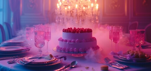 composition in neon pink holographic style with wedding or birthday cake on dinner table. Celebration concept. Generative AI
