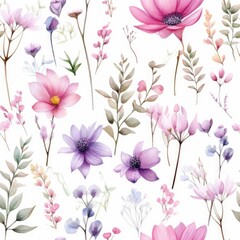 Arrangement of Flowers on a White Surface - Seamless Pattern