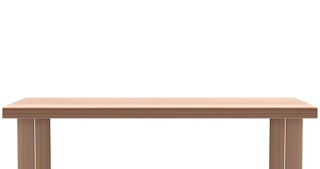 Light brown wooden 3d table countertop isolated on white background. Foreground view on desk with wood texture surface. Realistic furniture element for presentation stand or podium, kitchen tabletop.