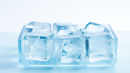 Transparent ice cubes neatly stacked in a glass container, symbolizing coolness and freshness