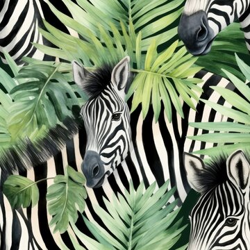 Close Up of Zebras and Palm Leaves Pattern