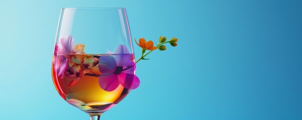 Rainbow colors composition: a wine glass and branch of blooming flowers. Romantic Valentine or wedding design. Generative AI