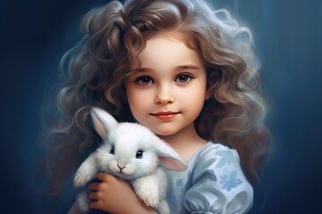 girl holding white rabbit in her hands. Spring, Easter, birth card, print, background