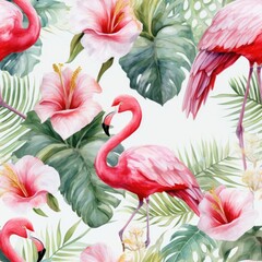 Watercolor Painting of Pink Flamingos and Tropical Flowers