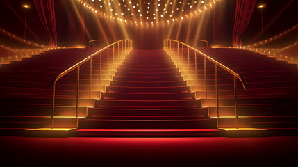 Red carpet staircase with smoke and spotlights, holiday awards ceremony event