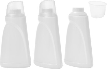 white detergent plastic bottle with measuring cap and cleaning liquid isolated