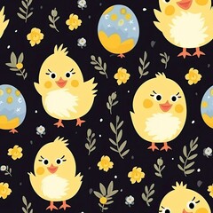 Flock of Small Yellow Chicks on Black Background Seamless Pattern