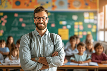 Fototapeta premium Smiling male teacher in class looking at camera, students studying, Teachers' Day, Children's Day, primary school students, middle school students,rural teacher