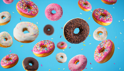 flying doughnuts scene - mix of multicolored sweet donuts with sprinkle on blue background