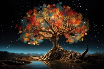 sparkling magical miracle tree at the edge, fairy-tale landscape, concept of magic, dream come true