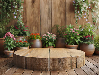 3d empty product display podium designed for presentations. A rustic wooden stand surrounded by an abundance of blooming potted plants against a wooden backdrop, inviting nature indoors.
