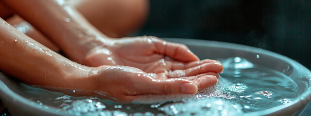 Fototapeta premium Woman's hands taking hand bath in spa salon. Selective focus.