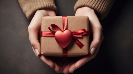 Female hands holding a gift box on a dark background, top view