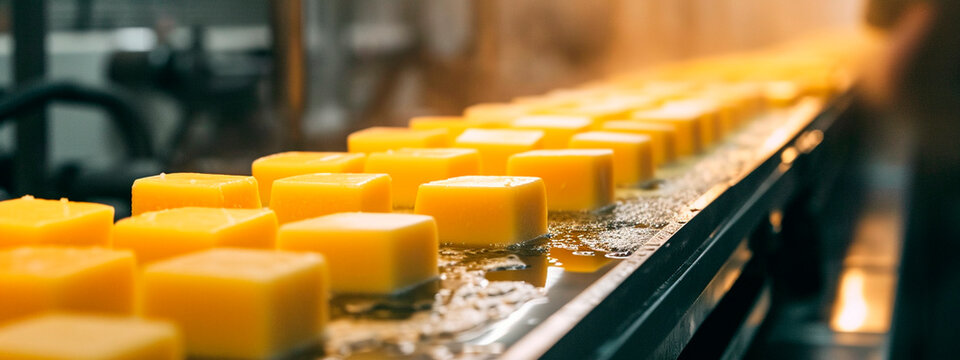 Heads of cheese on a production tape. Selective focus.