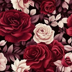 Red and White Roses on Black Background - Seamless Pattern for Wallpaper and Textile Designs
