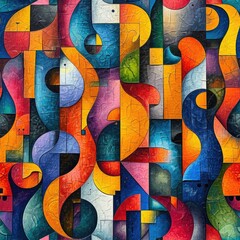 Colorful Cubist Puzzle of Seamless Musical Instruments Background.