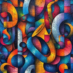 Colorful Cubist Puzzle of Seamless Musical Instruments Background.