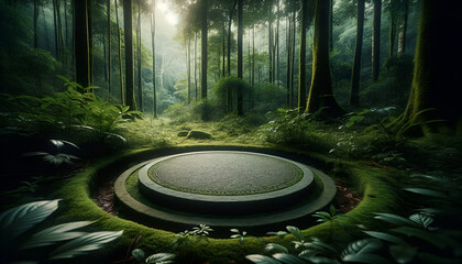 Time-worn monolith lying in a tranquil woodland clearing.
Generative AI.