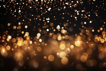Dark gold and black vintage lights background with defocused glitter.