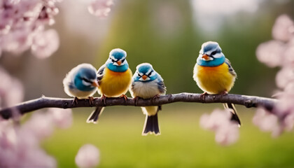 Gioiosi Uccellini- Piccoli Amici Piumati su un Ramo nel Parco Primaverile