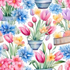 Watercolor Painting of Flowers in Pots