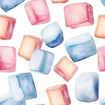 Watercolor Painting of Ice Cubes on White Background