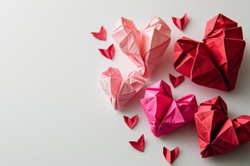Origami red and pink paper hearts on white background, copy space
