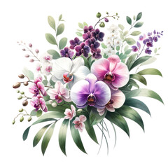 watercolor of Orchid flower bouquet and greenery leaves clipart