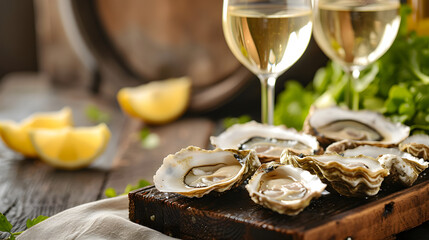 White wine in a glass and oysters in a restaurant on a yacht - obrazy, fototapety, plakaty