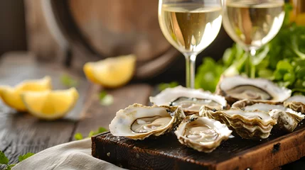 Gordijnen White wine in a glass and oysters in a restaurant on a yacht © Taisiia