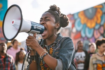 An African-American girl on a city street shouts into a megaphone at a rally - obrazy, fototapety, plakaty