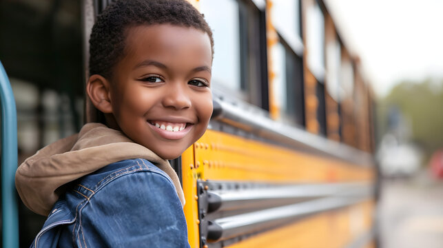 African American boy enters a  school bus to go to school