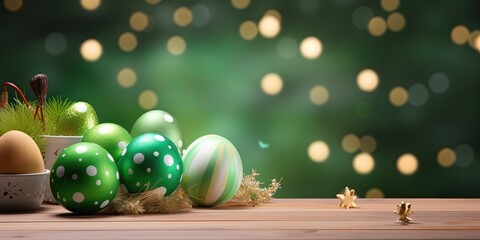 Easter-themed design and display with eggs on table, green bokeh backdrop.