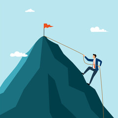 Businessman climbing on the rock. Young brave man wearing business suit trying to reach the top of the mountain. Concept of business challenge.