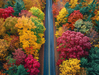 Aerial view of a winding road through autumn forest. Fall season colors and travel concept. Design for poster, wallpaper, banner. Aerial view with copy space
