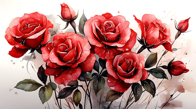 3d watercolor red rose flowers pattern, illustrated