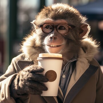 Portrait of a smart monkey with glasses and clothes on the background of a city street with a paper cup of coffee in his paw. A chimpanzee in the image of a business man.