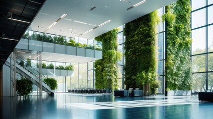 Eco-friendly green office building, modern style, sustainable glass office building to reduce carbon dioxide, AI generated photo, copy space for text - obrazy, fototapety, plakaty