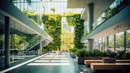 Eco-friendly green office building, modern style, sustainable glass office building to reduce carbon dioxide, AI generated photo, copy space for text