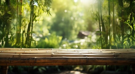 Fototapeta premium Empty Wooden Table with green bamboo forest background. generative Ai