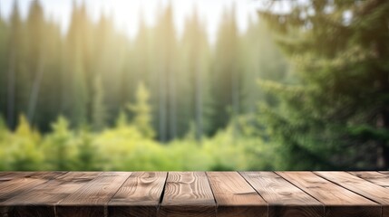 Forest background with wooden table. Generative AI
