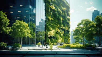 Eco-friendly green office building, modern style, sustainable glass office building to reduce carbon dioxide, AI generated photo, copy space for text - obrazy, fototapety, plakaty