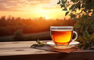 A cup of tea on the table with a beautiful sunset view in the background. generative AI