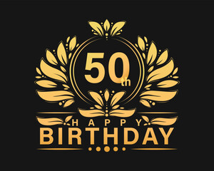 50th Birthday shiny golden design. Luxurious greeting birthday celebration graphic.