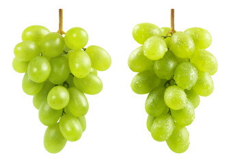 Green grapes isolated. Two bunches of ripe green grapes with and without drops of water on a transparent background.